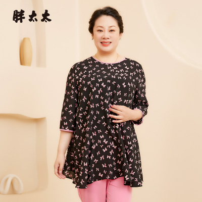 胖太太衬衫圆领碎花图案