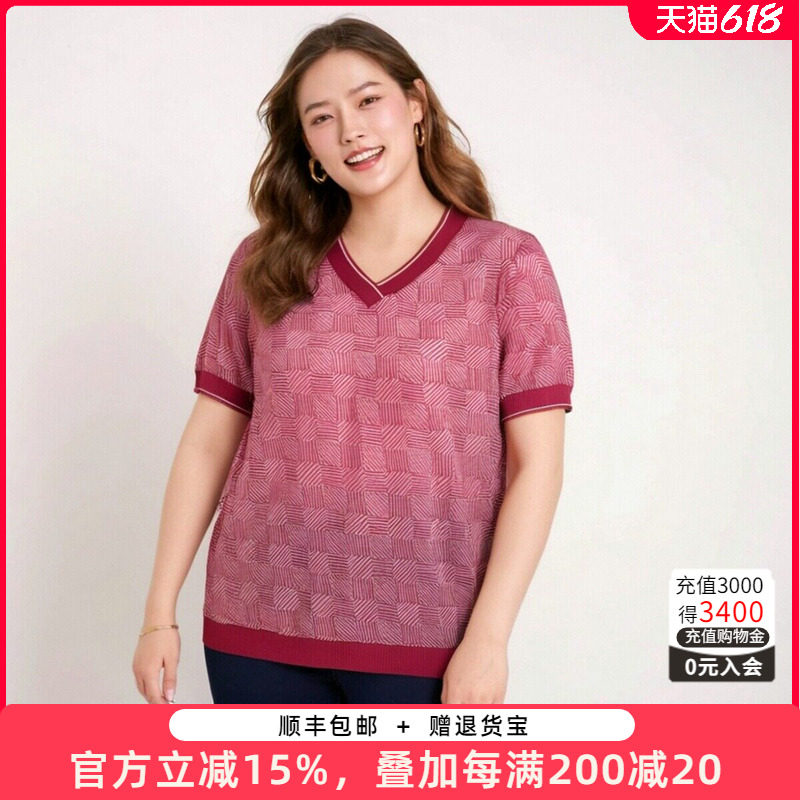 胖太太大码女装春夏新款时尚几何图案翻领休闲薄针织衫624200310