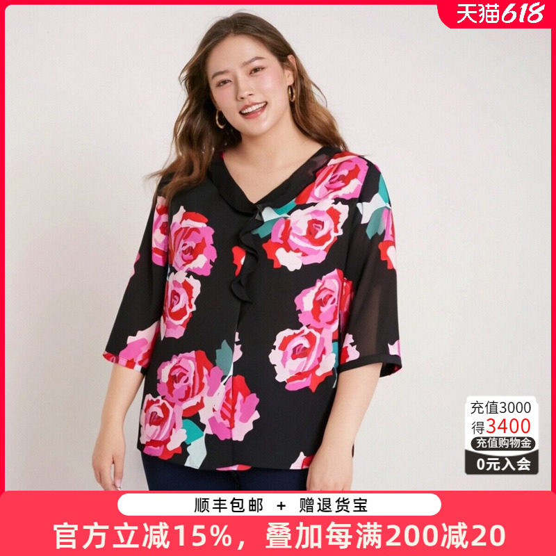 胖太太大码女装夏季新品花朵图案雪纺衫宽松休闲V领潮423220710
