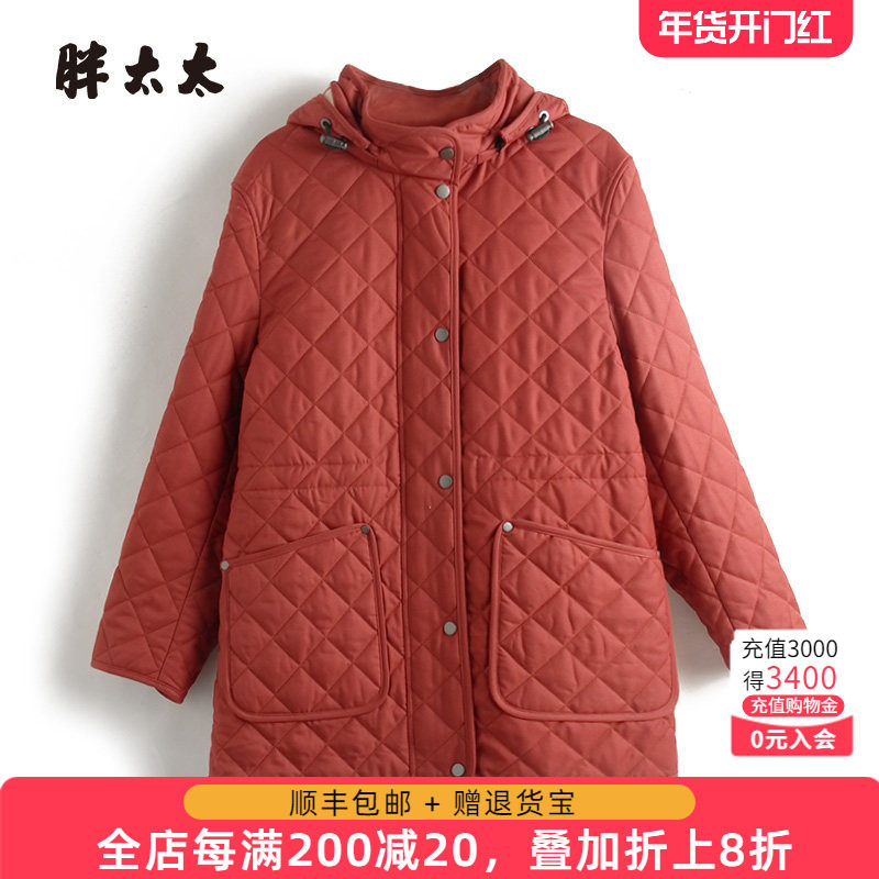 胖太太大码女装秋冬季新款红色纳格连帽中长款棉服外套424402911