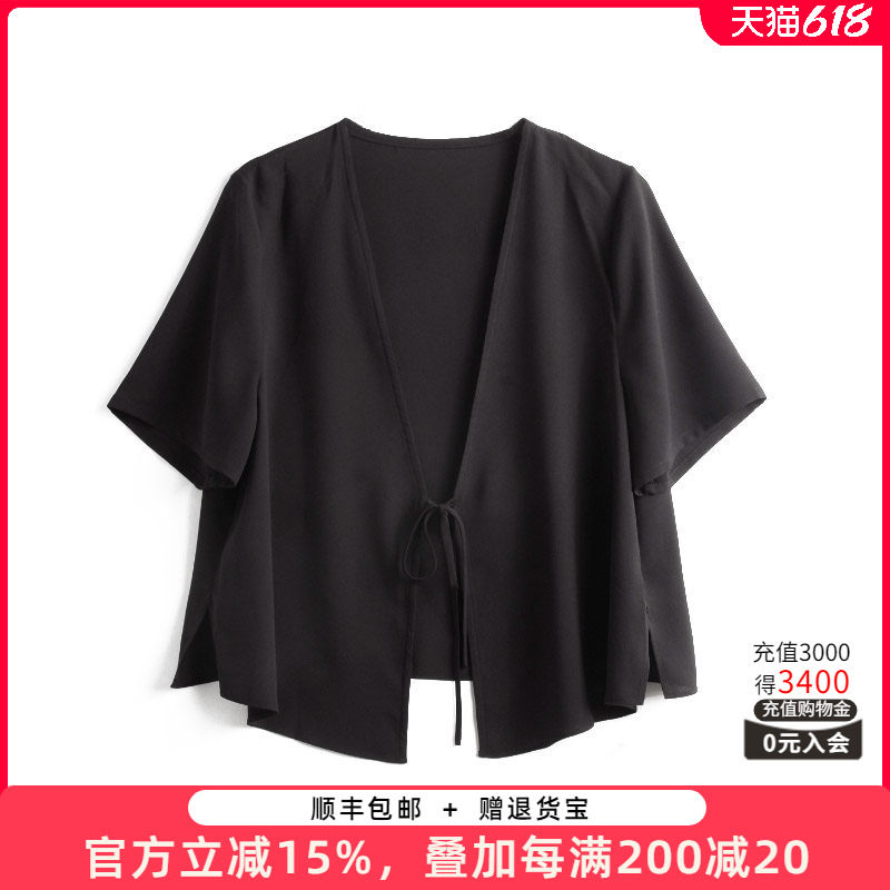 胖太太大码女装夏季新品雪纺V领系带显瘦上衣外搭短袖薄423118910