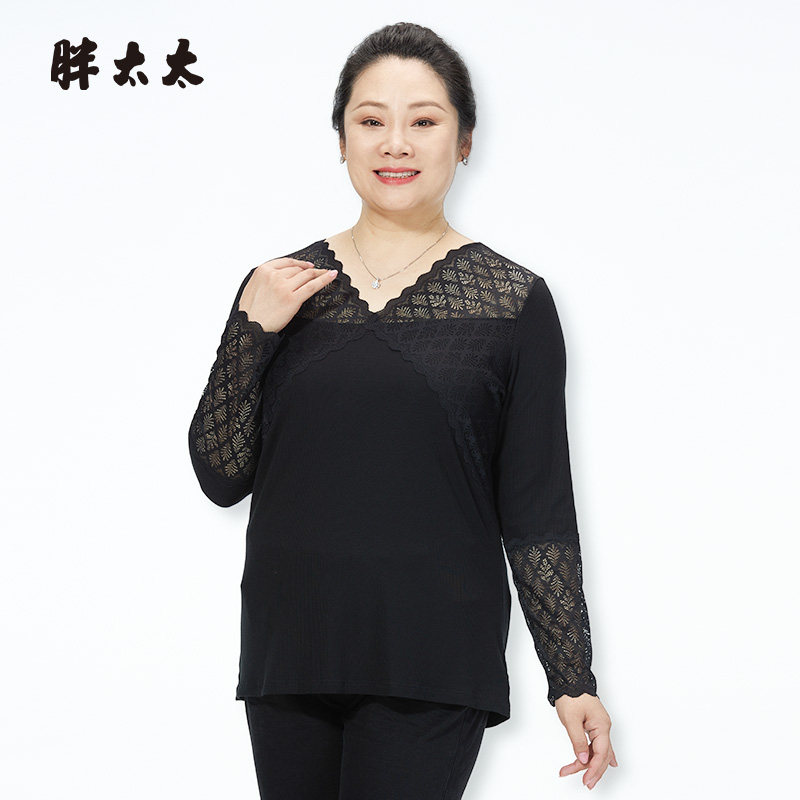胖太太大码女装春夏季新品黑色V领蕾丝T恤打底衫显瘦潮423312810