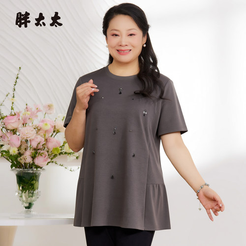 胖太太夏季新品圆领净色T恤弹力