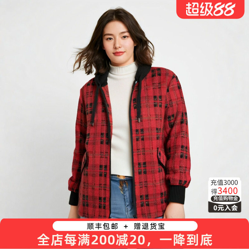 连帽外套胖太太格纹图案