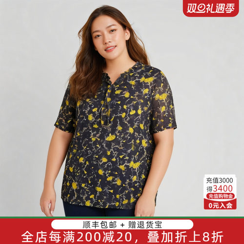 胖太太衬衫碎花图案木耳V领