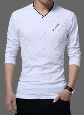 男装长袖T恤鸡心领加大码加肥白色T棉显瘦上衣宽松型体血中青年衫