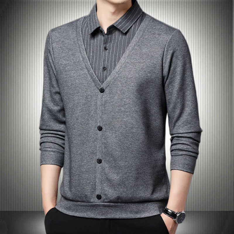 衬衫领假两件外套男装春秋季商务长袖体恤宽松版上班肥佬有领秋衫