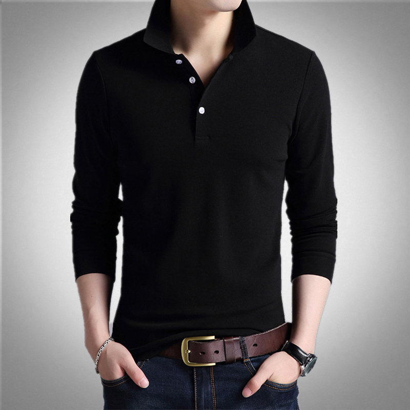 男装翻领长袖t恤修身版纯色简洁单衣POLO打底衫黑色全棉基础上衣
