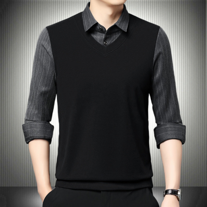 2025新款男装衬衫领长袖T恤秋天假两件外套修身外衣商务打底小衫,男装,T恤,淘宝优惠券,粉丝福利购,淘宝优惠卷