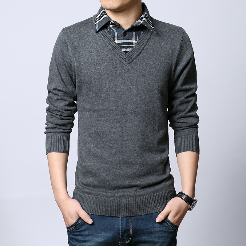 男士休闲打底毛衣修身春秋季外套衬衫领假两件线衣薄款商务针织衫