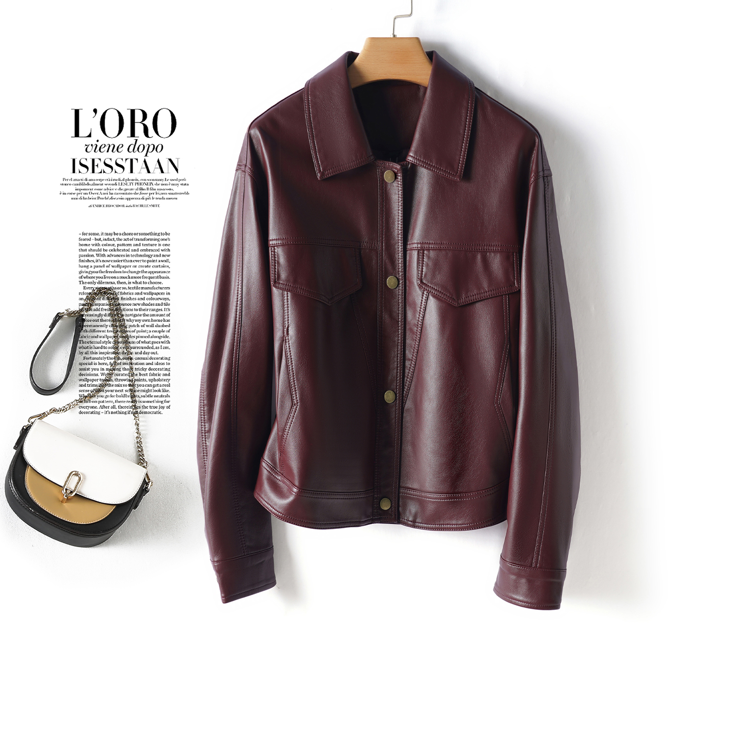 海宁秋冬短款翻领真皮夹克外套女