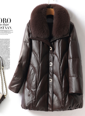 加厚皮衣女中长款狐狸毛领韩版宽松真皮外套冬90白鸭绒绵羊皮羽绒
