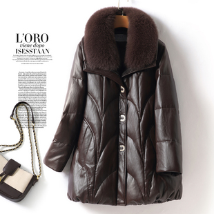 加厚皮衣女中长款狐狸毛领韩版宽松真皮外套冬90白鸭绒绵羊皮羽绒