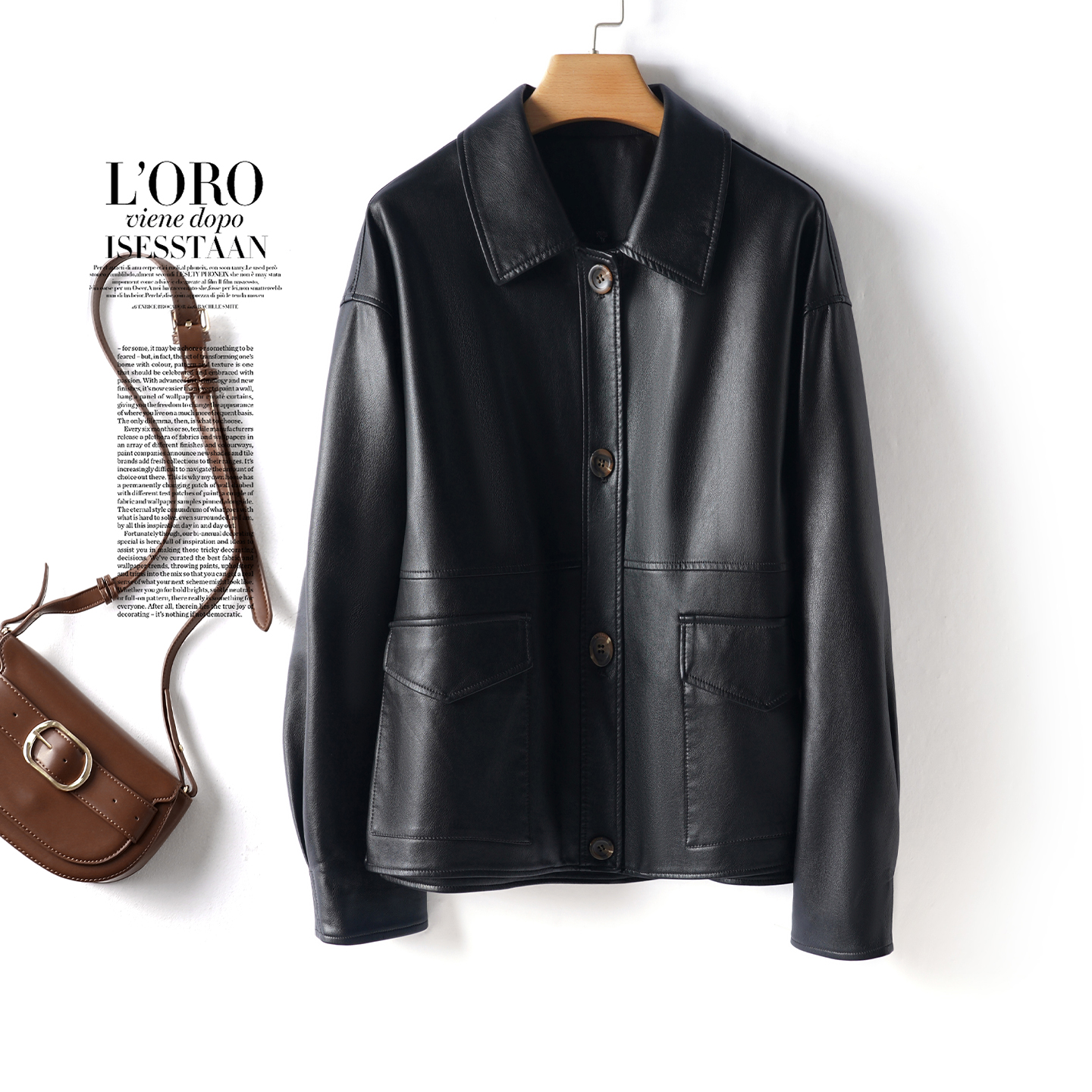 海宁短款翻领黑色休闲皮衣外套女