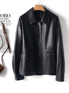 海宁皮衣外套女短款翻领黑色休闲加大码绵羊皮2025新款秋冬皮夹克