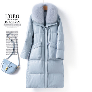 海宁绵羊皮羽绒服女中长款狐狸毛领加厚皮外套冬季90白鸭绒真皮衣