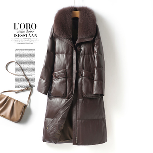 绵羊皮羽绒服女士中长款狐狸毛领90白鸭绒外套冬季加厚海宁真皮衣