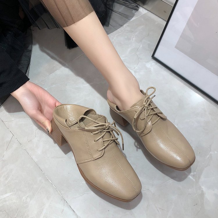 Retro small leather shoes thick heels high heels lace up net red womens shoes black 5cm spring and autumn 2021 new British style