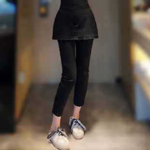 弹力九分休闲裤 新款 女士百搭显瘦烟管裤 松紧腰高腰假两件裙裤 时尚