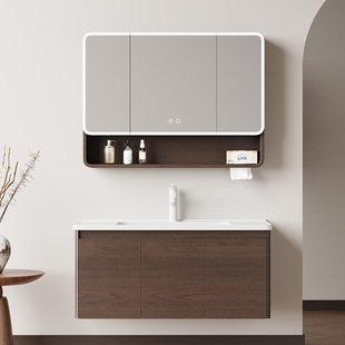 胡桃木中古风圆弧太空蜂窝铝浴室柜组合卫生间陶瓷一体洗手盆脸盆