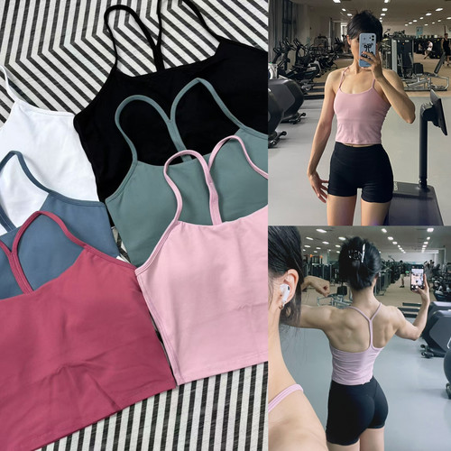 柠檬款~细肩带后一根绳露背带杯垫吊带背心运动美背（12EF）-A107