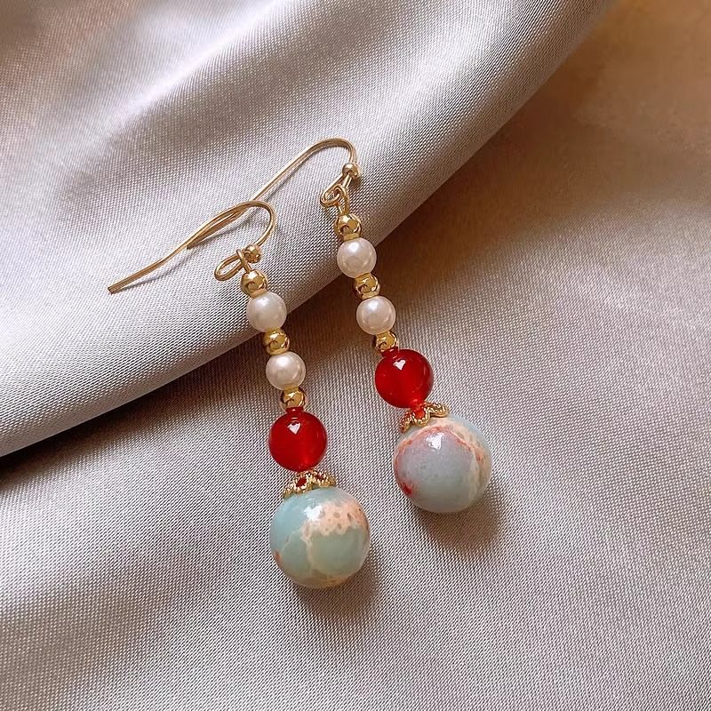 国风手作寿山石红玛瑙耳环复古新中式文艺优雅仿珍珠耳钩气质耳饰