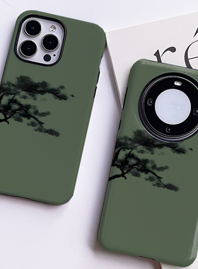 巷午中式绿色文艺松树适用于苹果15小米14三星s24u红米k70华为mate60荣耀90gt/vivox100菲林手机壳oppofindx7