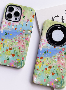 巷午 绿色涂鸦小可爱插画苹果15华为mate60荣耀200vivox100u手机壳opporeno12p三星s24u红米k70一加12小米14u