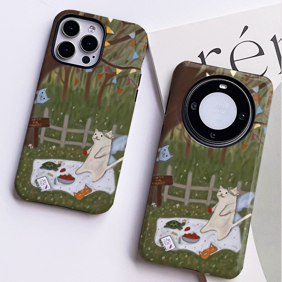 巷午 可爱露营猫咪苹果华为mate60p70荣耀200vivox100u手机壳opporeno12p三星s24红米note13一加ace3v小米14u