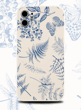 巷午 复古蓝色叶子蝴蝶适用于苹果15pm华为nova12mate60荣耀100/opporeno11小米1413手机壳vivox100/iqooneo6