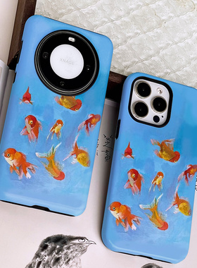 巷午 中式蓝色金鱼苹果15小米14u红米k70华为mate60荣耀90/50/vivox100二合一菲林手机壳oppofindx7u三星s24