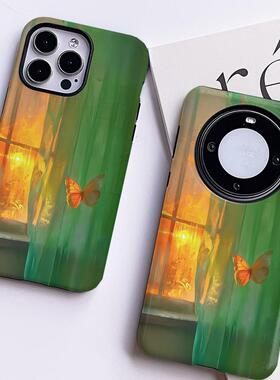 巷午 绿色文艺蝴蝶华为pura70p荣耀200/vivox100手机壳oppofindx7加ace3v小米14苹果15/16红米k60三星s24u/23