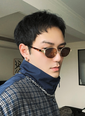 ALASYA老钱风复古椭圆墨镜高级大牌感金属小框港风凹造型太阳眼镜