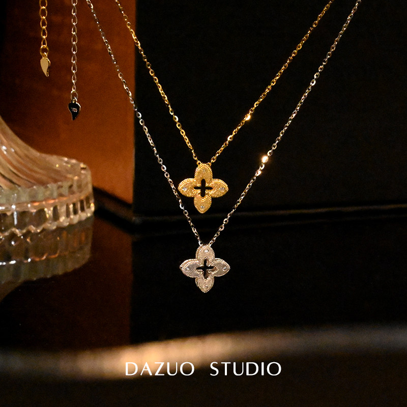 镂空四叶草银项链配饰女款2025新款锁骨链复古高级感轻奢颈链首饰