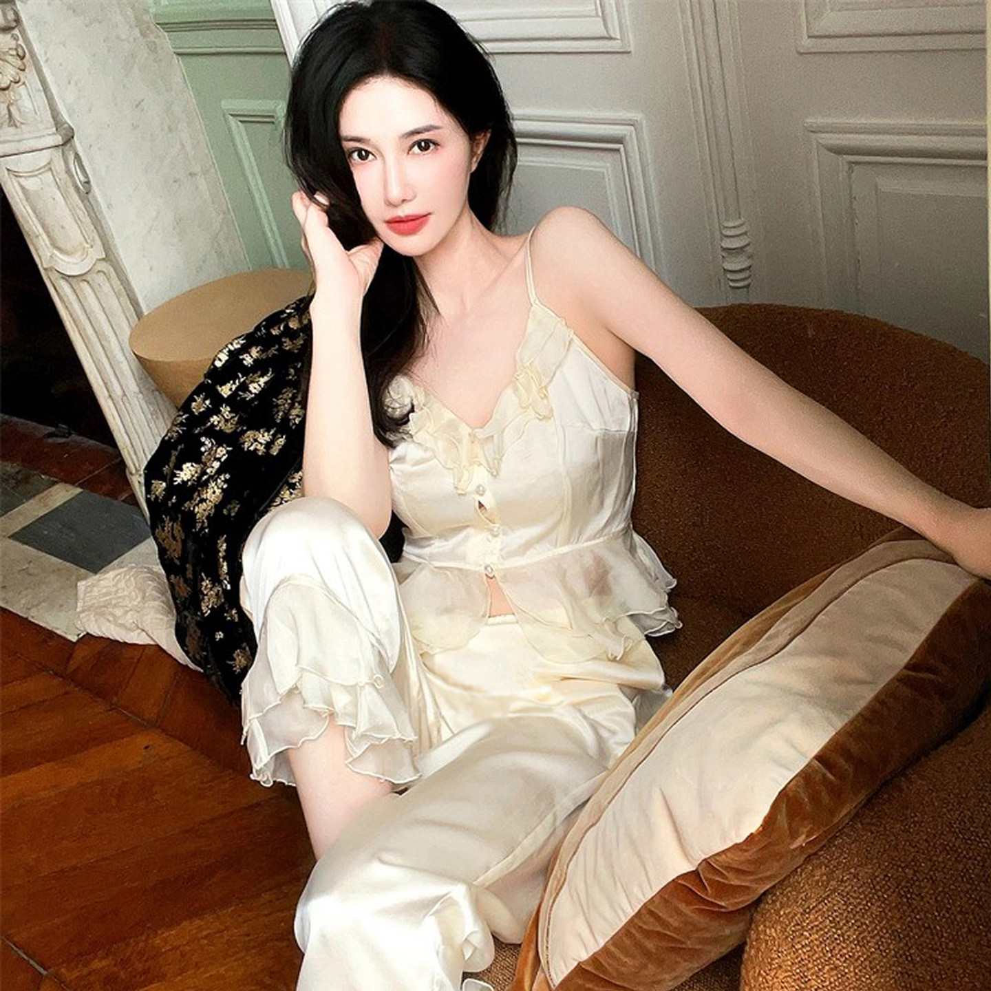 真丝睡衣女性感吊带背心桑蚕丝长裤睡裤两件套装丝绸家居服可外穿