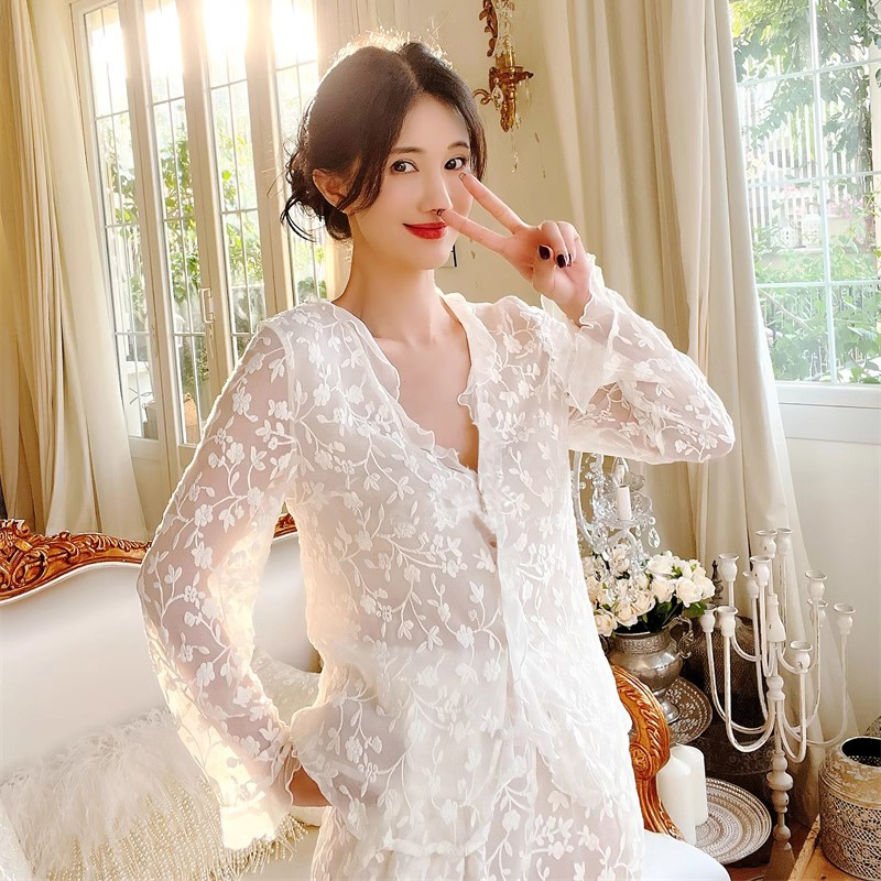 真丝绣花睡衣女长袖家居服