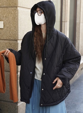 日系City girl冬季菱格纹设计感连帽假两件棉服女宽松慵懒风外套