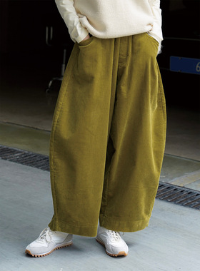 日系慵懒灯芯绒长裤蓝色秋冬高腰弧形宽松显瘦保暖休闲阔腿灯笼裤