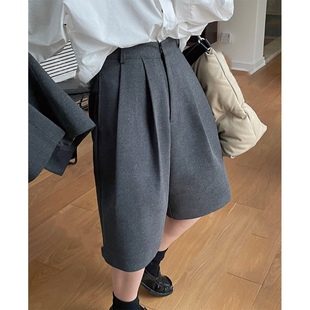 短裤 高腰休闲西装 毛呢双褶灰色A字阔腿显瘦中裤 2022韩版 子 五分裤