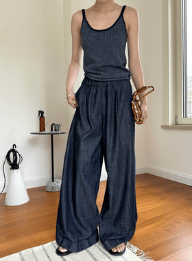 时髦复古韩版牛仔裤ROW慵懒风松紧腰阔腿直筒廓形拖地长裤子深蓝