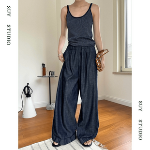 时髦复古韩版牛仔裤ROW慵懒风松紧腰阔腿直筒廓形拖地长裤子深蓝