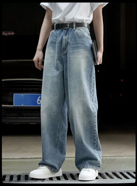 浅蓝色高腰阔腿牛仔裤韩国东大门春夏复古时髦老爹裤宽松显瘦裤子
