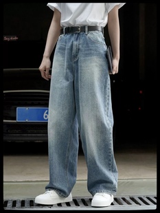 子 宽松显瘦裤 浅蓝色高腰阔腿牛仔裤 韩国东大门春夏复古时髦老爹裤