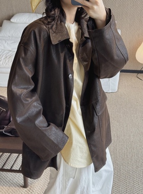 早春新款韩系复古风翻领廓形皮衣中长款衬衫宽松时髦咖色夹克外套
