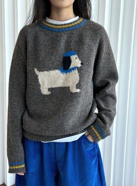 冬季高级感保暖套头毛衣休闲慵懒风柔软舒服小狗图案羊毛针织衫女