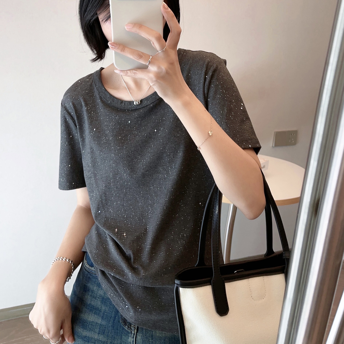 酒窝家 【低调奢华感细闪】 简约圆领宽松短袖女新款百搭基础T恤