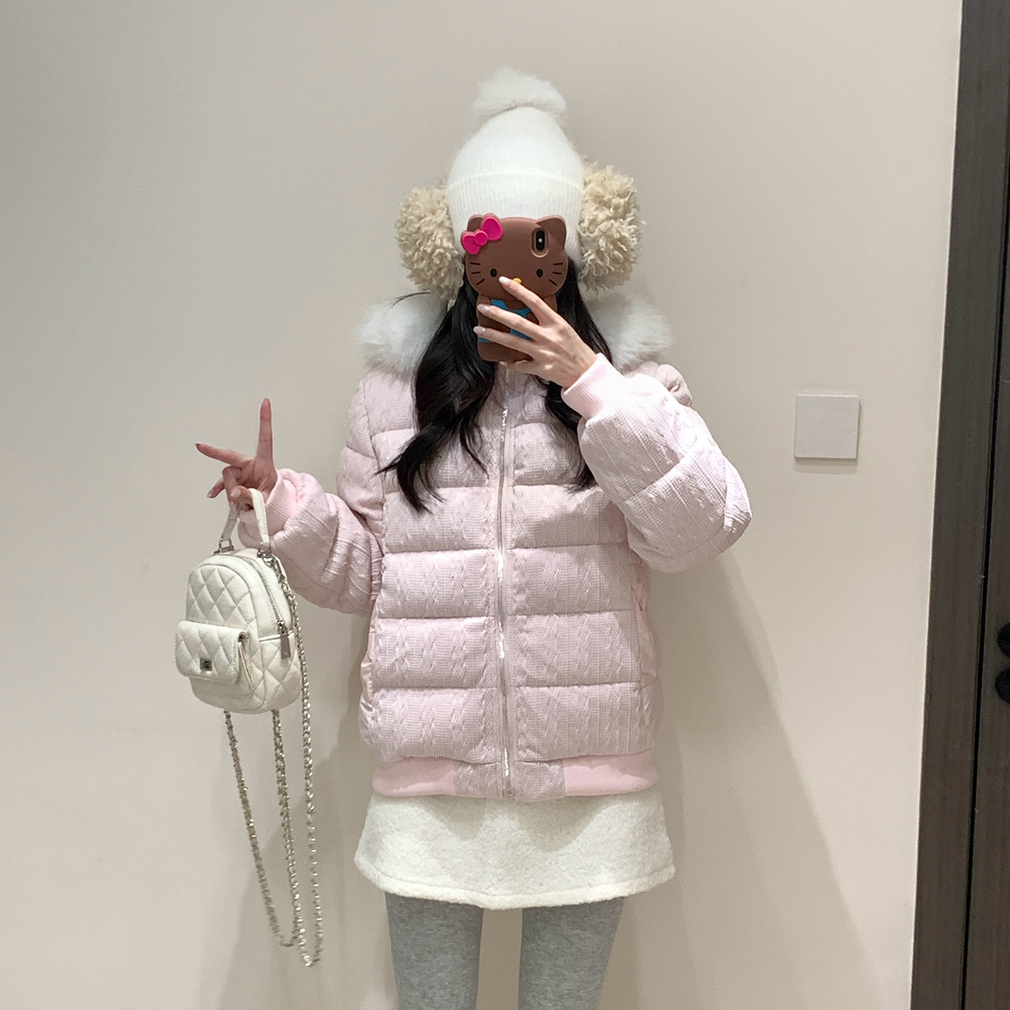 韩系甜美收腰羽绒棉服女2026新款冬季小个子毛织拼接毛领连帽外套