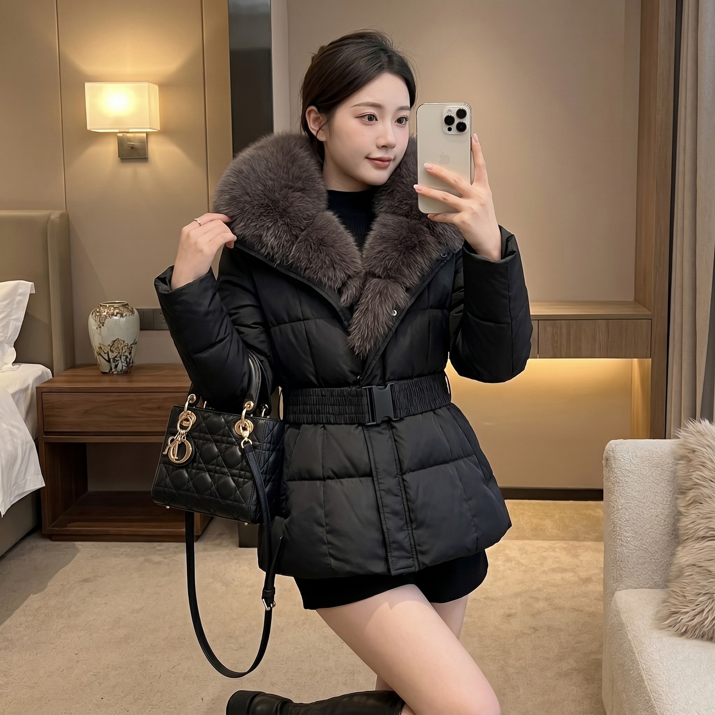 大毛领短款收腰羽绒棉服女2026冬季新款高贵气质加厚保暖棉袄外套