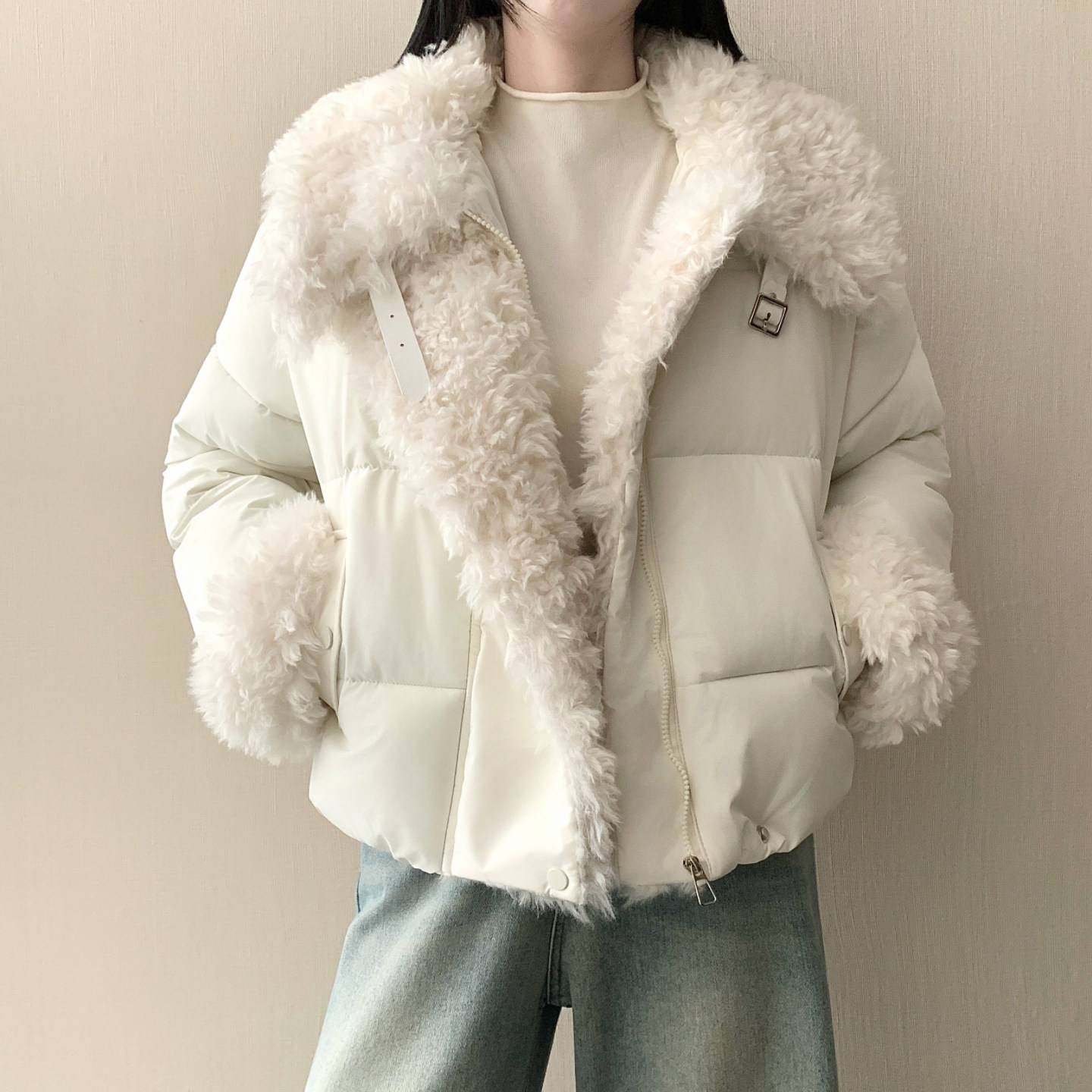 毛毛拼接短款羽绒棉服女2026新款韩系巨好看的面包服冬季棉袄外套