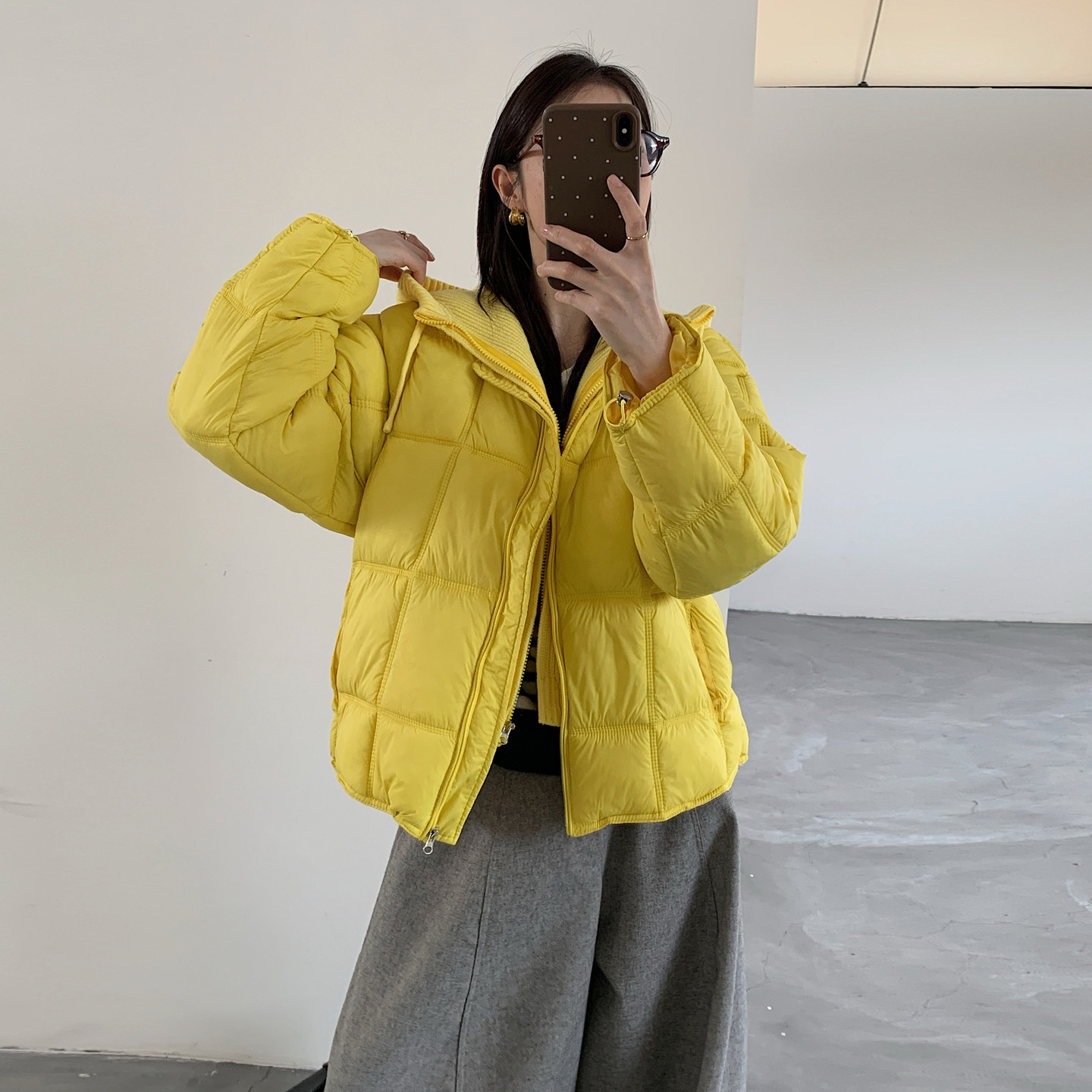 针织帽拼接假两件短款羽绒棉服女2026冬季新款泡芙面包服棉袄外套